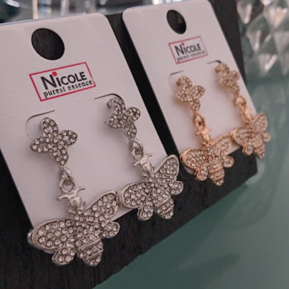 NICOLE Mod/Contemporary Lucky Clover & Queen Bee Silver Clear Crystal Earrings - Picture 5 of 6